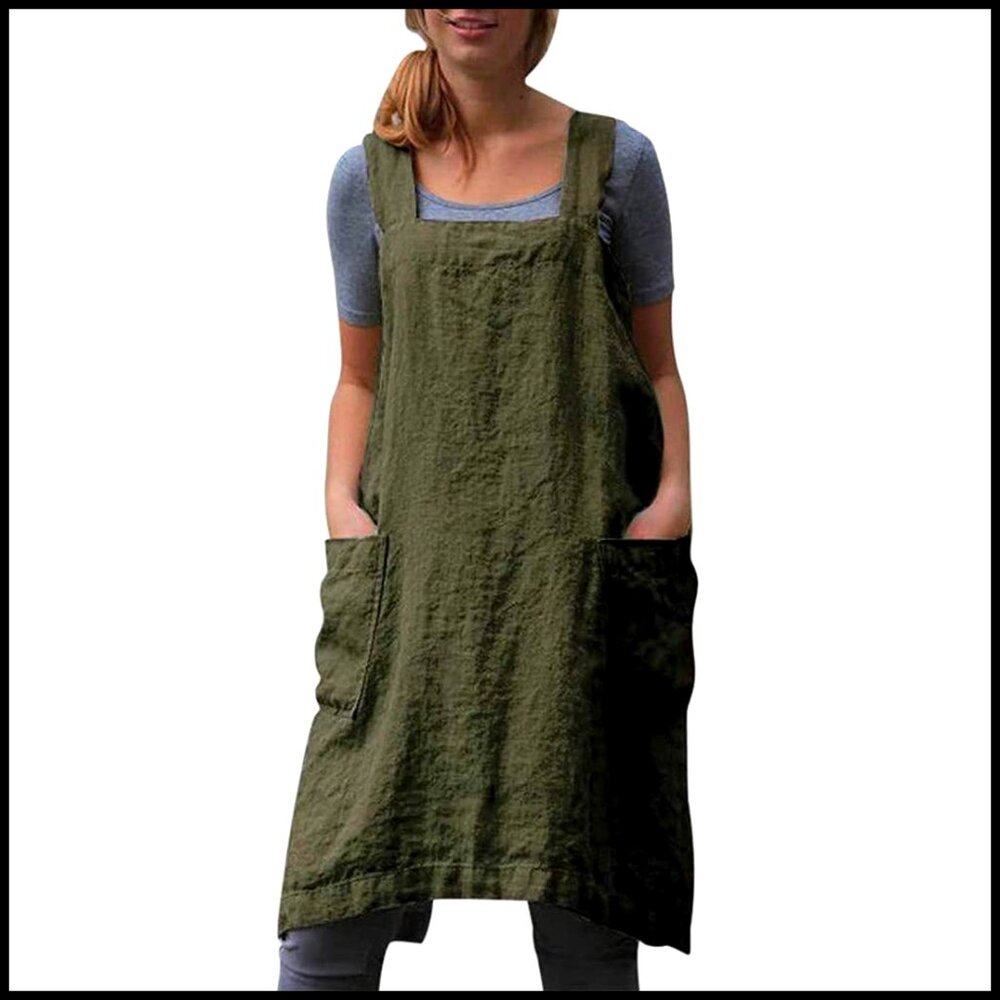 Cotton Linen Cross Back Apron Pinafore Dress Kitchen Baking Cooking Smock